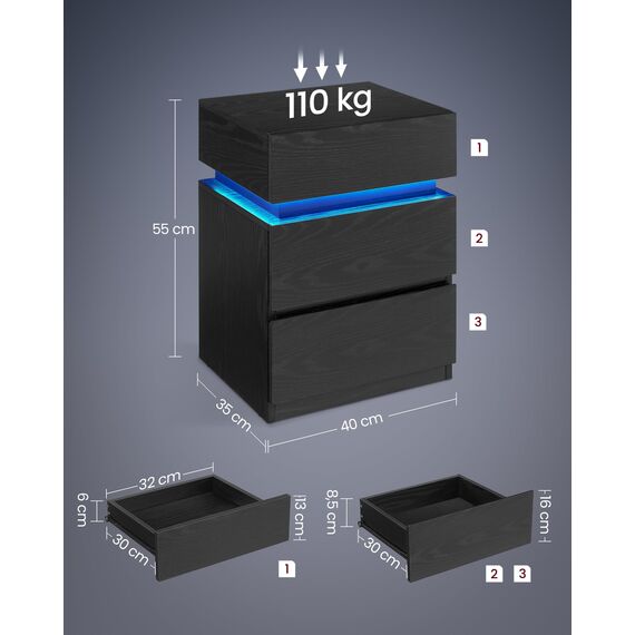 VASAGLE Nachttisch mit LED-Beleuchtung, Beistelltisch, einstellbare Farben, Sofatisch 3 Schubladen, Nachtschrank Schlafzimmer, modern, 35 x 40 x 55 cm, schwarz mit Holzmaserung LET630T56