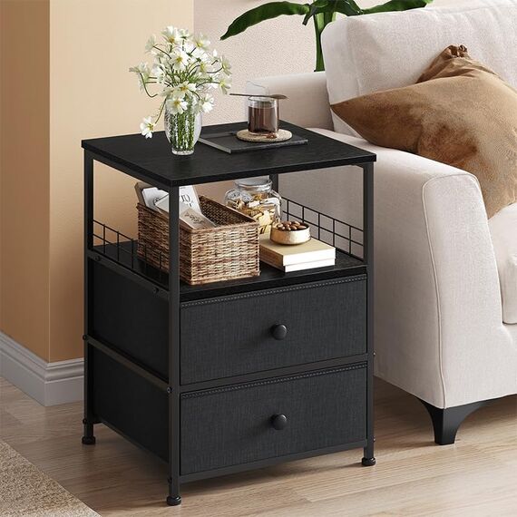 EnHomee Nachttisch 2er Set, Nachttisch mit Stoffschubladen und offenem Holzregal Aufbewahrung, Bett-Beistelltisch mit Metallrahmen, Schwarz/Grau, 15.7 in x 17.7 in x 24 in