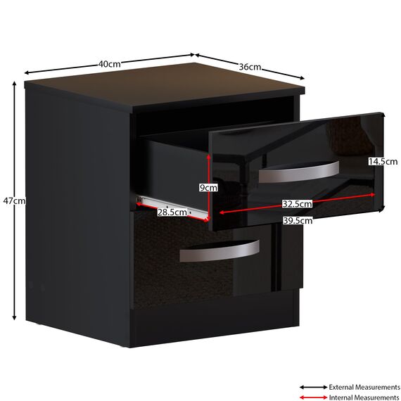 Vida Designs Nachttisch mit 2 Schubladen, Hochglanz, schwarz, 47 x 40 x 36 cm