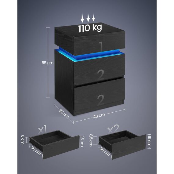 VASAGLE Kailyn Kollektion - Nachttisch 2er Set, LED-Beleuchtung, Beistelltisch, Sofatisch 3 Schubladen, Nachtschrank Schlafzimmer Wohnzimmer, modern, 35 x 40 x 55 cm, ebenholzschwarz LET0830B01