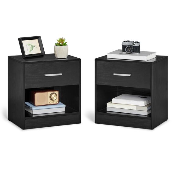 VASAGLE Nachttisch, 2er Set, Beistelltisch, mit Schublade, Griff, offenes Fach, Couchtisch, für Schlafzimmer, Wohnzimmer, klassikschwarz LET819T56