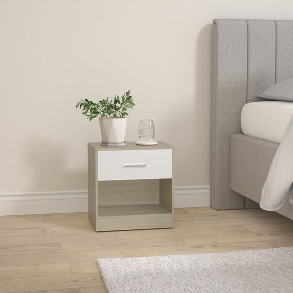 VASAGLE Nachttisch, Beistelltisch, mit Schublade, Griff, offenes Fach, Couchtisch, für Schlafzimmer, Wohnzimmer, naturbeige-wolkenweiß LET619T67