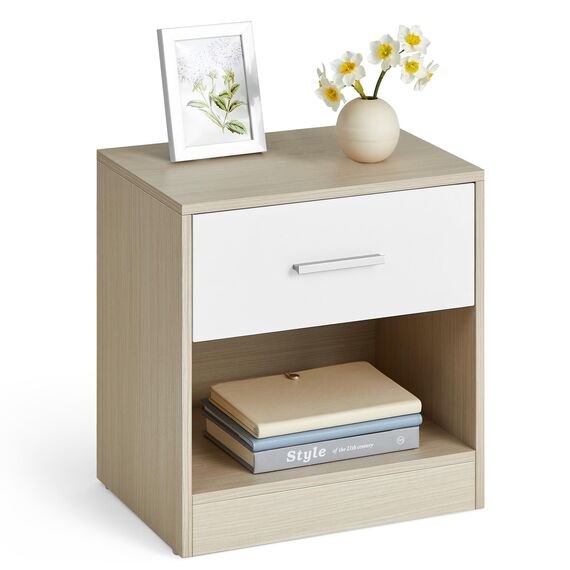 VASAGLE Nachttisch, Beistelltisch, mit Schublade, Griff, offenes Fach, Couchtisch, für Schlafzimmer, Wohnzimmer, naturbeige-wolkenweiß LET619T67