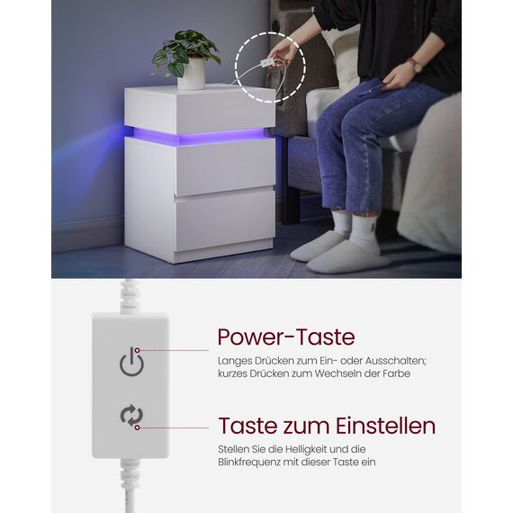 VASAGLE Nachttisch mit LED-Beleuchtung, 2er Set, Beistelltisch, einstellbare Farben, Sofatisch 3 Schubladen, Nachtschrank Schlafzimmer, modern, 35 x 40 x 55 cm, weiß LET799T10