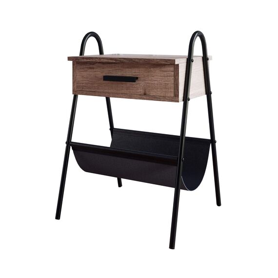 Nathan James Hugo 32502 Nachttisch aus Holz, rustikaler Akzent-Beistelltisch mit Schublade, robuster schwarzer Metallrahmen und Leder-Hängematte, Grau/Schwarz