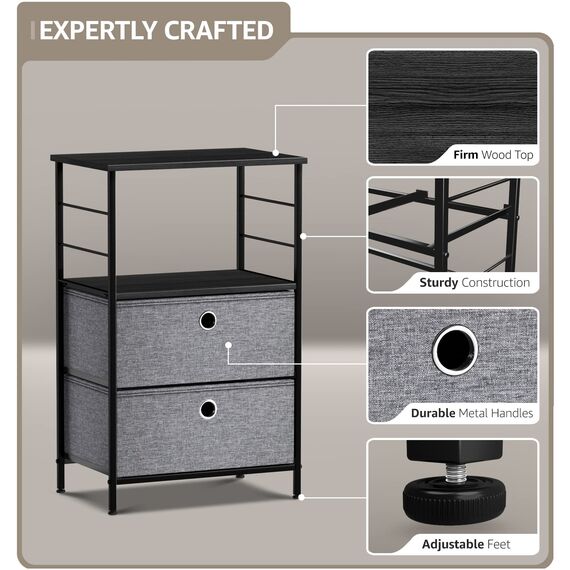 Sorbus Nachttisch mit 2 Schubladen, Ablage für Nachttisch & Akzent Beistelltisch für Zuhause, Schlafzimmer, Büro, College Schlafsaal, Holzplatte, leicht ausziehbare Stoffeimer Schwarz/Charcoal