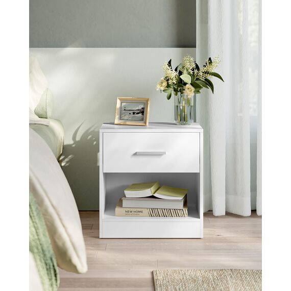 VASAGLE Nachttisch, Beistelltisch, mit Schublade, Griff, offenes Fach, Couchtisch, für Schlafzimmer, Wohnzimmer, klassikweiß LET619T14
