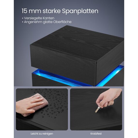 VASAGLE Kailyn Kollektion - Nachttisch 2er Set, LED-Beleuchtung, Beistelltisch, Sofatisch 3 Schubladen, Nachtschrank Schlafzimmer Wohnzimmer, modern, 35 x 40 x 55 cm, ebenholzschwarz LET0830B01
