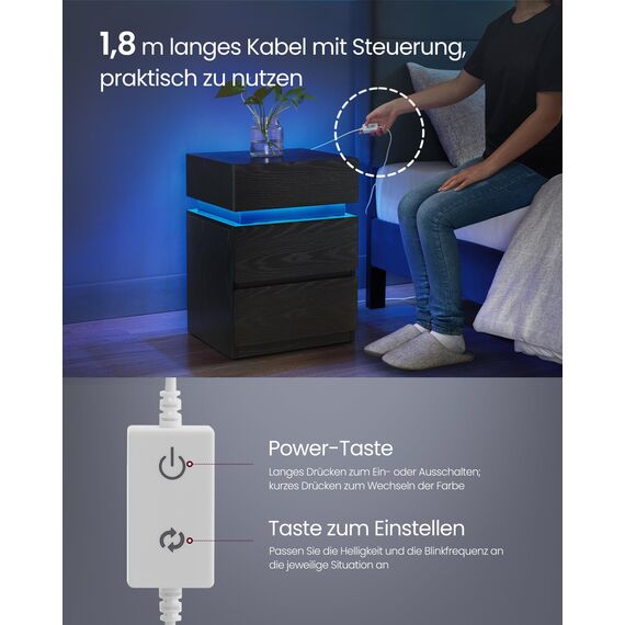 VASAGLE Kailyn Kollektion - Nachttisch 2er Set, LED-Beleuchtung, Beistelltisch, Sofatisch 3 Schubladen, Nachtschrank Schlafzimmer Wohnzimmer, modern, 35 x 40 x 55 cm, ebenholzschwarz LET0830B01
