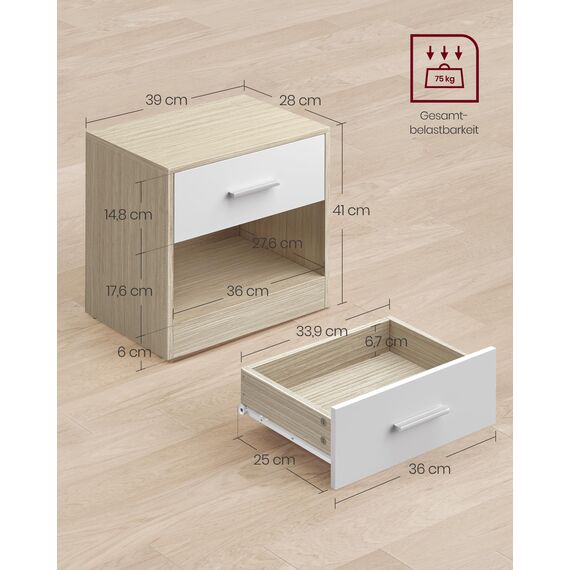 VASAGLE Nachttisch, 2er Set, Beistelltisch, mit Schublade, Griff, offenes Fach, Couchtisch, für Schlafzimmer, Wohnzimmer, naturbeige-klassikweiß LET819T67
