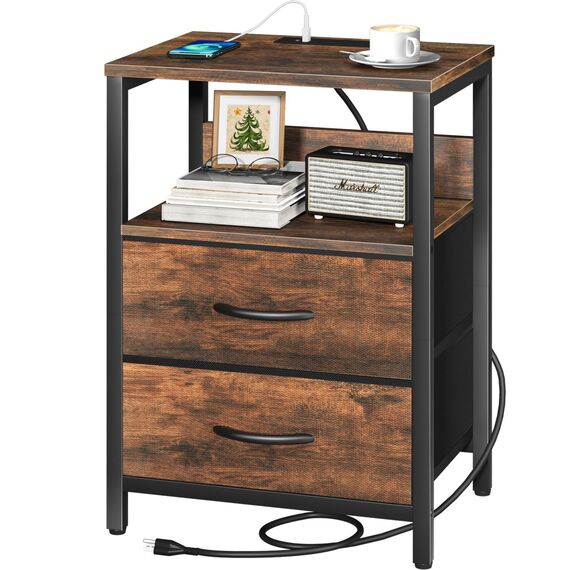 Yoobure Nachttisch mit Ladestation, Kleiner Nachttisch mit Stoffschubladen und Aufbewahrungsregal für Schlafzimmer, kleine Räume, USB-Anschlüsse & Ausgänge