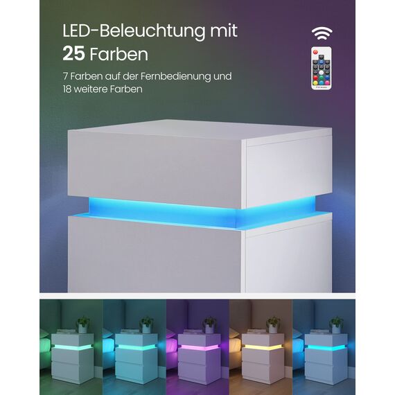 VASAGLE Nachttisch mit LED-Beleuchtung, 2er Set, Beistelltisch, einstellbare Farben, Sofatisch 3 Schubladen, Nachtschrank Schlafzimmer, modern, 35 x 40 x 55 cm, weiß LET799T10