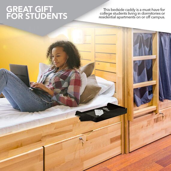 Modern Innovations Nachttischregal für Bett, Studentenwohnheim, Etagenbett-Regal/Caddy für obere Etagenbett, Nachttisch-Tablett mit Kordel und Getränkehalter zur Tischaufbewahrung (schwarz)