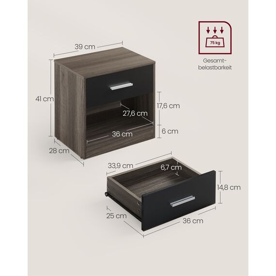 VASAGLE Nachttisch, Beistelltisch, mit Schublade, Griff, offenes Fach, Couchtisch, für Schlafzimmer, Wohnzimmer, kastanienbraun-tintenschwarz LET619K74