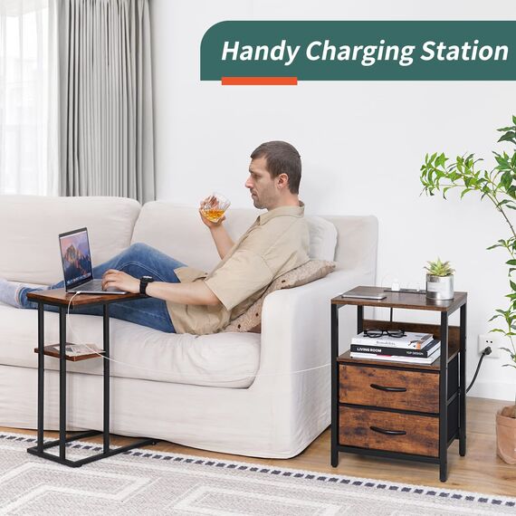 Yoobure Nachttisch mit Ladestation, Kleiner Nachttisch mit Stoffschubladen und Aufbewahrungsregal für Schlafzimmer, kleine Räume, USB-Anschlüsse & Ausgänge