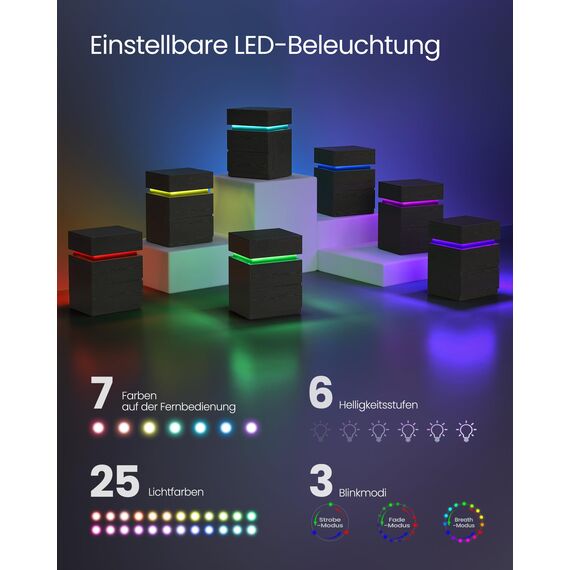 VASAGLE Nachttisch mit LED-Beleuchtung, Beistelltisch, einstellbare Farben, Sofatisch 3 Schubladen, Nachtschrank Schlafzimmer, modern, 35 x 40 x 55 cm, schwarz mit Holzmaserung LET630T56