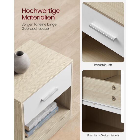 VASAGLE Nachttisch, 2er Set, Beistelltisch, mit Schublade, Griff, offenes Fach, Couchtisch, für Schlafzimmer, Wohnzimmer, naturbeige-klassikweiß LET819T67