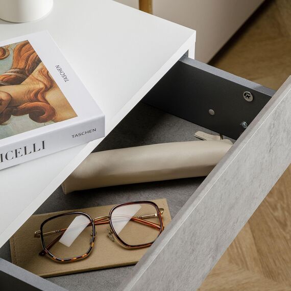 CARO-Möbel Hängender Nachttisch Anne mit Schublade in Weiß und Betonoptik - griffloses öffnen & platzsparend durch Wandmontage, robuste Spanplatte