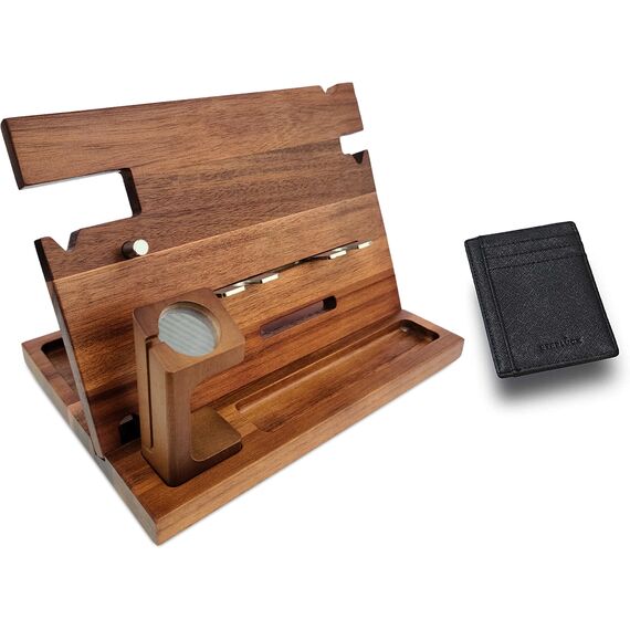 Eterluck Holz-Dockingstation für Herren, Nachttisch-Organizer-Set mit RFID-blockierender Leder-Geldbörse, Ladestation, Handy-Ständer, Tablet-Ständer, Ehemann-Geschenke von der Frau, für Papa – Walnuss