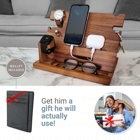 Eterluck Holz-Dockingstation für Herren, Nachttisch-Organizer-Set mit RFID-blockierender Leder-Geldbörse, Ladestation, Handy-Ständer, Tablet-Ständer, Ehemann-Geschenke von der Frau, für Papa – Walnuss