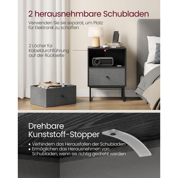 VASAGLE Nachttisch, Beistelltisch mit Stauraum, 2 herausnehmbare Schubladen, Nachtschrank für Schlafzimmer, Wohnzimmer, ebenholzschwarz-schiefergrau LGS029B56, 30 x 40 x 55 cm