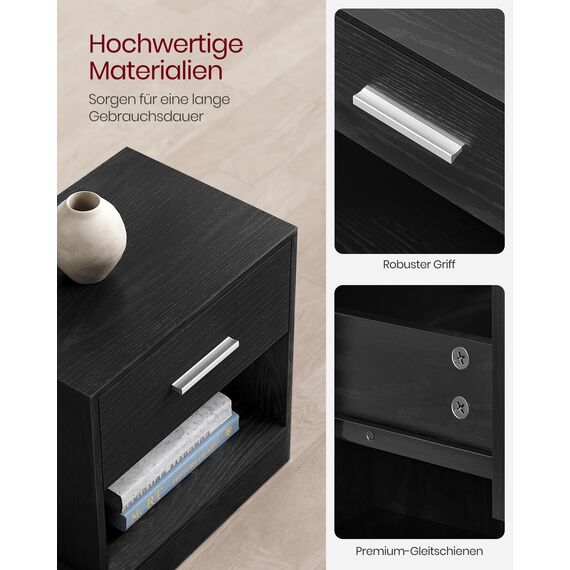 VASAGLE Nachttisch, Beistelltisch, mit Schublade, Griff, offenes Fach, Couchtisch, für Schlafzimmer, Wohnzimmer, klassikschwarz LET619T56