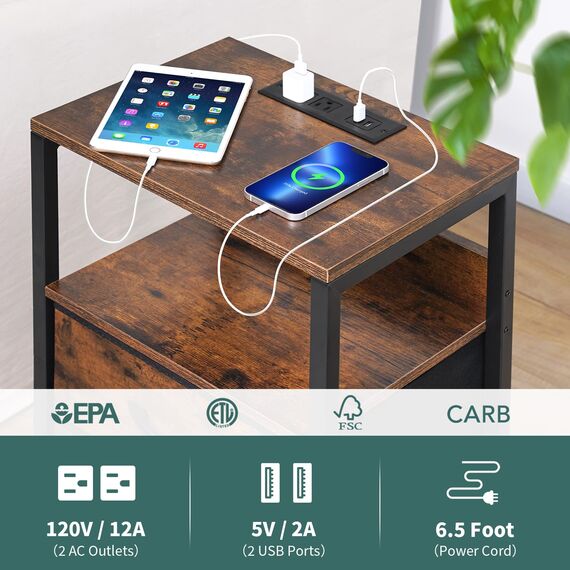 Yoobure Nachttisch mit Ladestation, Kleiner Nachttisch mit Stoffschubladen und Aufbewahrungsregal für Schlafzimmer, kleine Räume, USB-Anschlüsse & Ausgänge
