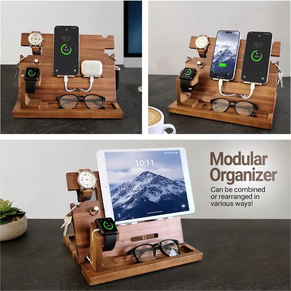 Eterluck Holz-Dockingstation für Herren, Nachttisch-Organizer-Set mit RFID-blockierender Leder-Geldbörse, Ladestation, Handy-Ständer, Tablet-Ständer, Ehemann-Geschenke von der Frau, für Papa – Walnuss