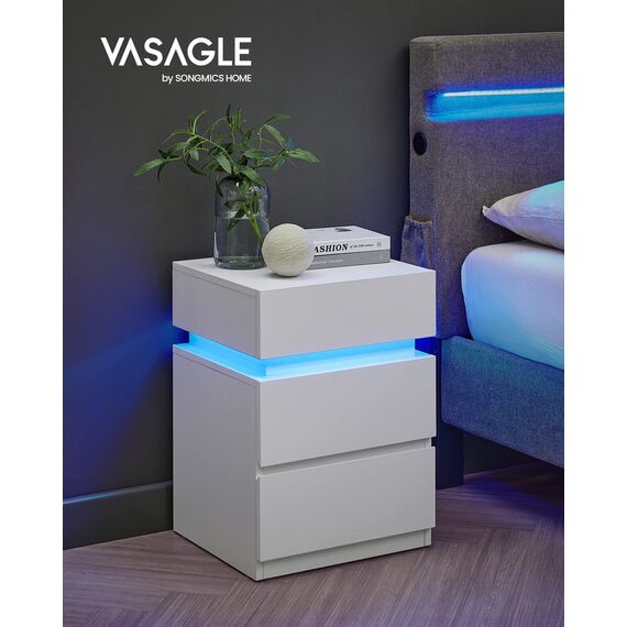 VASAGLE Nachttisch mit LED-Beleuchtung, 2er Set, Beistelltisch, einstellbare Farben, Sofatisch 3 Schubladen, Nachtschrank Schlafzimmer, modern, 35 x 40 x 55 cm, weiß LET799T10