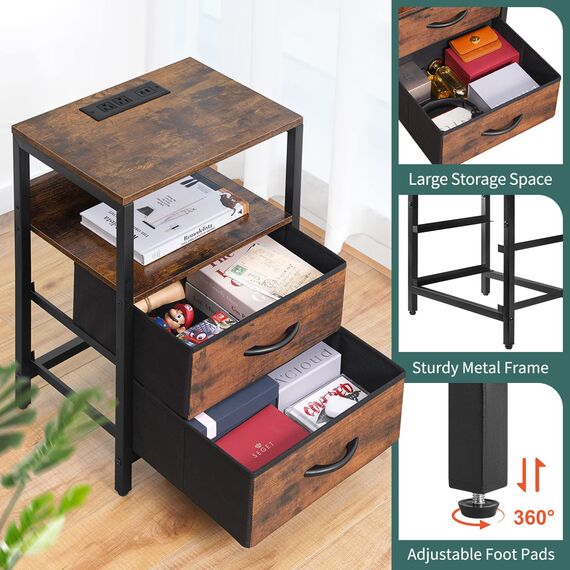 Yoobure Nachttisch mit Ladestation, Kleiner Nachttisch mit Stoffschubladen und Aufbewahrungsregal für Schlafzimmer, kleine Räume, USB-Anschlüsse & Ausgänge
