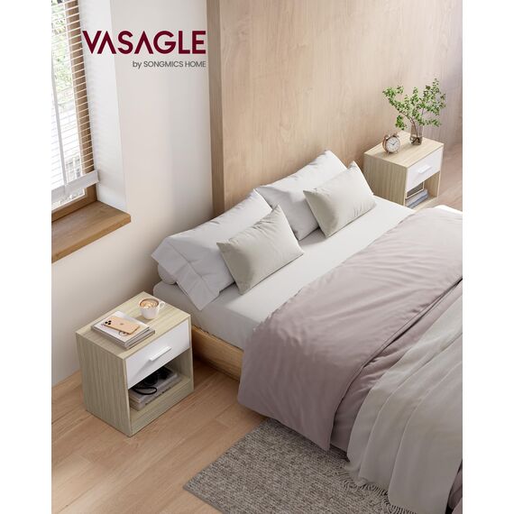 VASAGLE Nachttisch, 2er Set, Beistelltisch, mit Schublade, Griff, offenes Fach, Couchtisch, für Schlafzimmer, Wohnzimmer, naturbeige-klassikweiß LET819T67