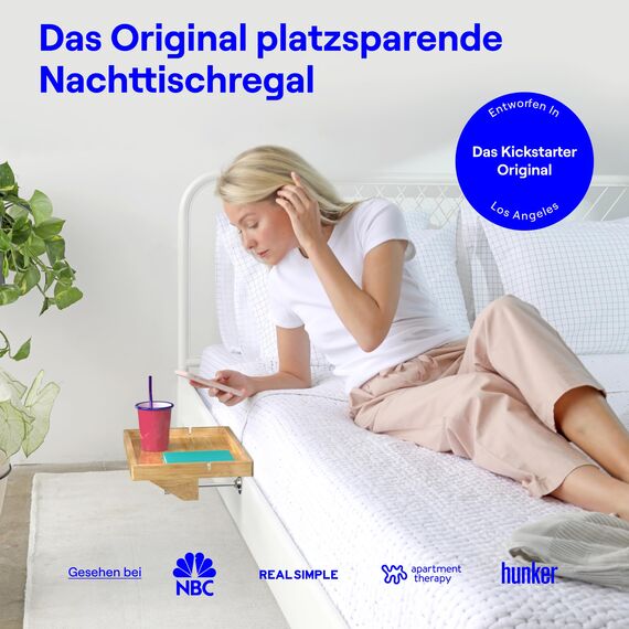Bedshelfie Nachttisch für Etagenbett und Boxspringbett, Bettablage für WG-Zimmer, Betttablett schwebend, Bettablage zum Einhängen – Plus Holz Natur
