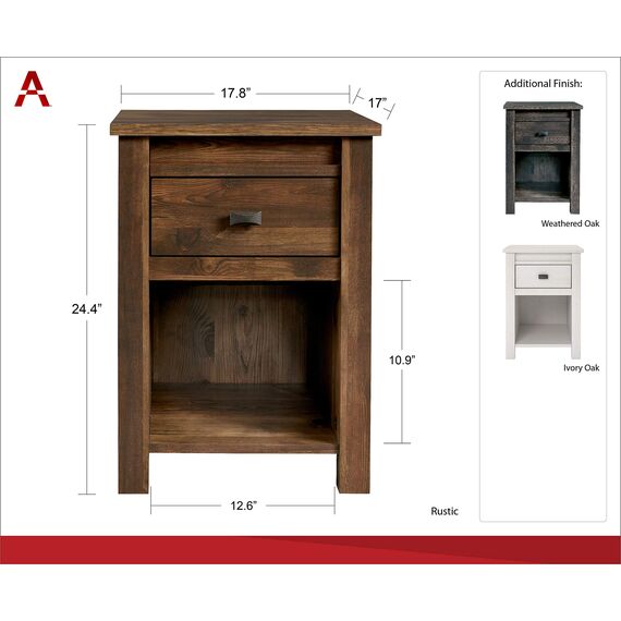 Ameriwood Home Farmington Nachttisch im Landhausstil mit Scheunentür-Design, verdeckte Schublade und offenem Schrank, strukturiert, verwittert, mittelbraunes Finish