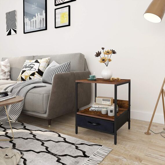 Kamiler Nachttisch im Rustikalen Stil, Nachtkommode, Beistelltisch, Nachtschrank mit offenem ablage und Stoffschublade, Metallbeine, stabil, Industrie-Design für Schlafzimmer, Wohnzimmer, Flur, Büro