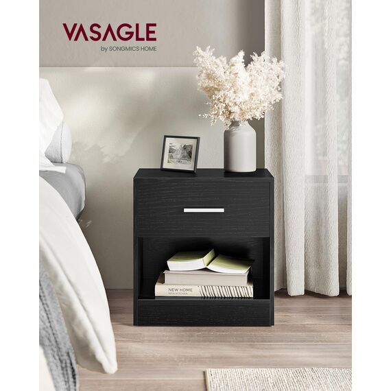 VASAGLE Nachttisch, Beistelltisch, mit Schublade, Griff, offenes Fach, Couchtisch, für Schlafzimmer, Wohnzimmer, klassikschwarz LET619T56