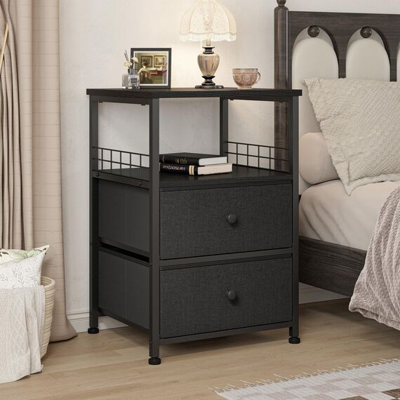 EnHomee Nachttisch 2er Set, Nachttisch mit Stoffschubladen und offenem Holzregal Aufbewahrung, Bett-Beistelltisch mit Metallrahmen, Schwarz/Grau, 15.7 in x 17.7 in x 24 in