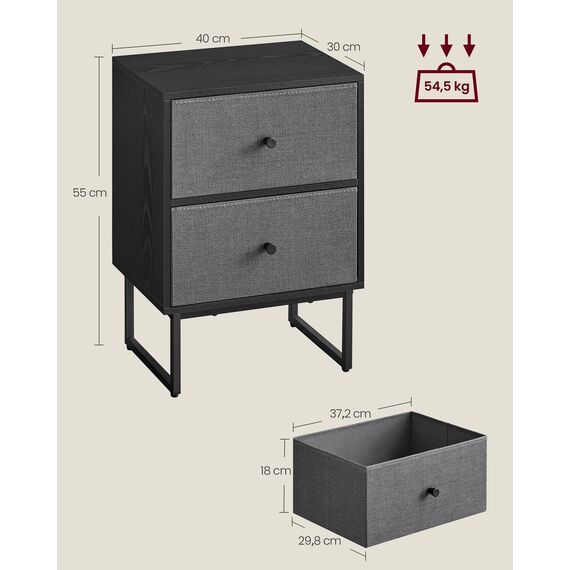 VASAGLE Nachttisch, Beistelltisch mit Stauraum, 2 herausnehmbare Schubladen, Nachtschrank für Schlafzimmer, Wohnzimmer, ebenholzschwarz-schiefergrau LGS029B56, 30 x 40 x 55 cm