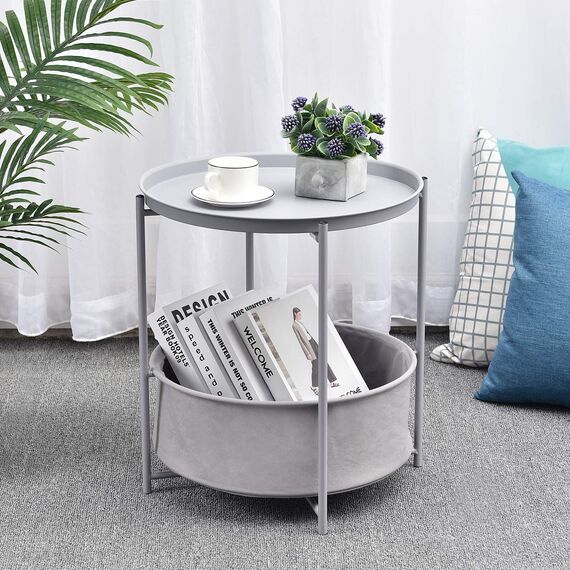 TOOLF Beistelltisch, Metall, Nachttisch, Sofa-Beistelltisch, Nachttisch mit abnehmbarer Ablagefläche und Stoff-Aufbewahrungskorb, Scandi-Stil Tisch für Wohnzimmer, Schlafzimmer (Hellgrau)