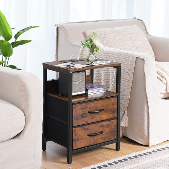 Yoobure Nachttisch mit Ladestation, Kleiner Nachttisch mit Stoffschubladen und Aufbewahrungsregal für Schlafzimmer, kleine Räume, USB-Anschlüsse & Ausgänge