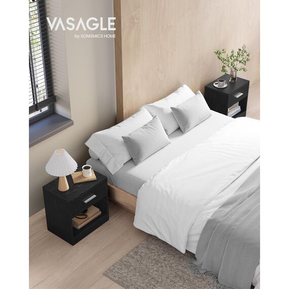 VASAGLE Nachttisch, 2er Set, Beistelltisch, mit Schublade, Griff, offenes Fach, Couchtisch, für Schlafzimmer, Wohnzimmer, klassikschwarz LET819T56