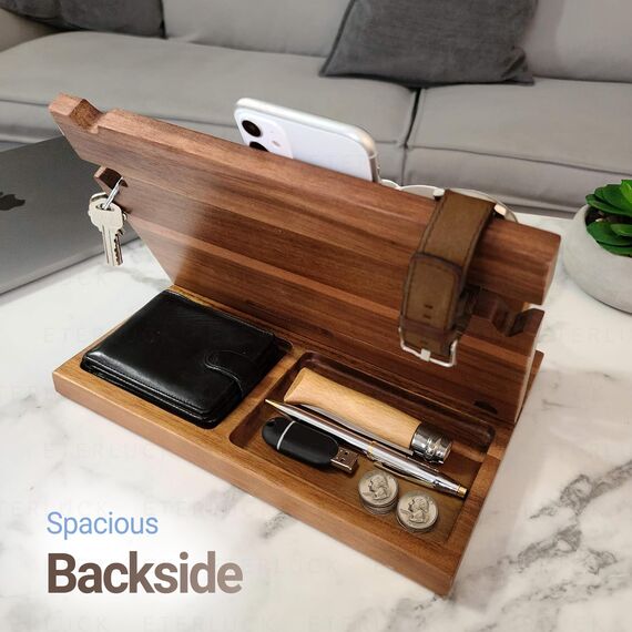 Eterluck Holz-Dockingstation für Herren, Nachttisch-Organizer-Set mit RFID-blockierender Leder-Geldbörse, Ladestation, Handy-Ständer, Tablet-Ständer, Ehemann-Geschenke von der Frau, für Papa – Walnuss
