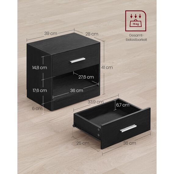 VASAGLE Nachttisch, 2er Set, Beistelltisch, mit Schublade, Griff, offenes Fach, Couchtisch, für Schlafzimmer, Wohnzimmer, klassikschwarz LET819T56