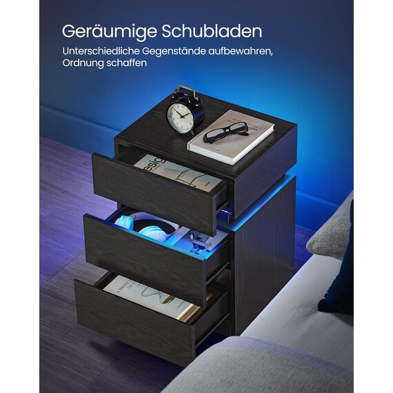 VASAGLE Nachttisch mit LED-Beleuchtung, Beistelltisch, einstellbare Farben, Sofatisch 3 Schubladen, Nachtschrank Schlafzimmer, modern, 35 x 40 x 55 cm, schwarz mit Holzmaserung LET630T56