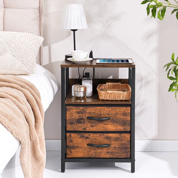 Yoobure Nachttisch mit Ladestation, Kleiner Nachttisch mit Stoffschubladen und Aufbewahrungsregal für Schlafzimmer, kleine Räume, USB-Anschlüsse & Ausgänge
