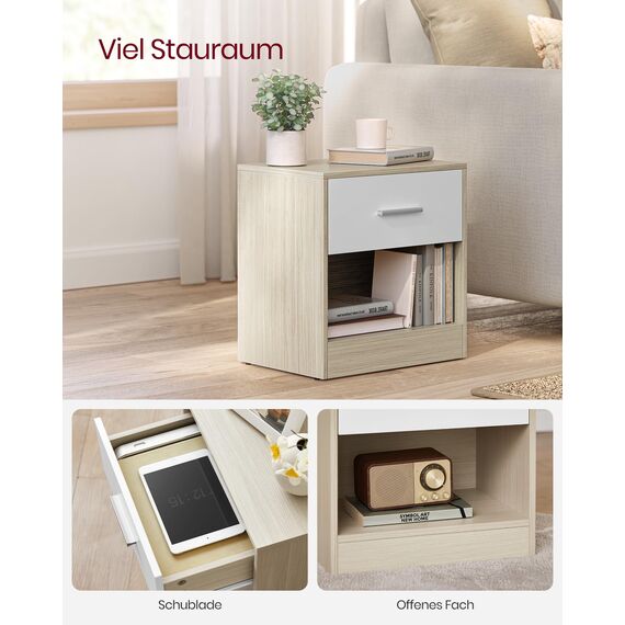 VASAGLE Nachttisch, Beistelltisch, mit Schublade, Griff, offenes Fach, Couchtisch, für Schlafzimmer, Wohnzimmer, naturbeige-wolkenweiß LET619T67