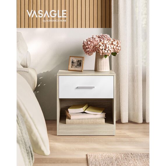 VASAGLE Nachttisch, Beistelltisch, mit Schublade, Griff, offenes Fach, Couchtisch, für Schlafzimmer, Wohnzimmer, naturbeige-wolkenweiß LET619T67