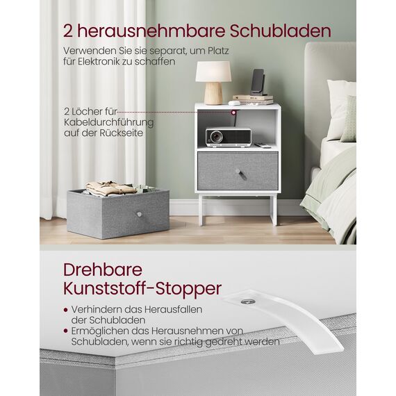 VASAGLE Nachttisch, 2er Set, Beistelltisch mit Stauraum, 2 herausnehmbare Schubladen, Nachtschrank für Schlafzimmer, Wohnzimmer, wolkenweiß-Taubengrau LGS229W14, 30 x 40 x 55 cm (T x B x H)