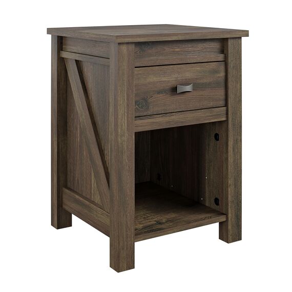 Ameriwood Home Farmington Nachttisch im Landhausstil mit Scheunentür-Design, verdeckte Schublade und offenem Schrank, strukturiert, verwittert, mittelbraunes Finish