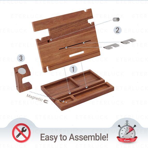 Eterluck Holz-Dockingstation für Herren, Nachttisch-Organizer-Set mit RFID-blockierender Leder-Geldbörse, Ladestation, Handy-Ständer, Tablet-Ständer, Ehemann-Geschenke von der Frau, für Papa – Walnuss