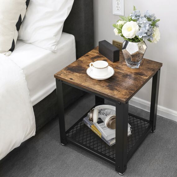VASAGLE Beistelltisch, Nachttisch im Industrie-Design, Sofatisch mit Gitterablage, stabil, mit Metallgestell, Wohnzimmer, Schlafzimmer, einfach zu montieren, Used Look, Holzoptik Vintage LET41X
